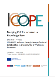 A imagem apresenta a capa de um documento relacionado ao projeto Erasmus+ intitulado "I CO-COPE: Inclusion through Interprofessional Collaboration in a Community of Practice in Education". O título do documento é "Mapping CoP for inclusion: a Knowledge Base". O período do projeto é de 01/08/2023 a 31/07/2026, e o número do projeto é 2022-1-BE02-KA220-SCH-000089287.  Na parte superior da imagem, há um logótipo estilizado com as letras "COPE" sobrepostas em diferentes cores. Abaixo do título e da descrição do projeto, há logótipos de várias instituições e parceiros envolvidos, incluindo a União Europeia, Universidade do Porto e outras entidades. O documento também indica que é cofinanciado pela União Europeia. A estética do documento inclui linhas verticais coloridas ao lado direito, combinando tons de azul, vermelho e laranja.