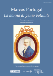 A imagem é a capa de uma partitura orquestral intitulada "La donna di genio volubile" de Marcos Portugal. O libreto é de Giovanni Bertati. A capa é azul, com o texto em branco. No centro, há uma ilustração oval de um homem de peruca branca, usando um casaco azul, enquadrada por um ornamento dourado. No topo direito da imagem, está o código ISMN 979-0-707714-03-4. Na parte inferior, há os logotipos de "P.PORTO", "poli_fonia", e "CESEM", indicando o envolvimento dessas instituições na publicação.