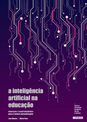 A capa do livro apresenta um fundo roxo escuro com um padrão de linhas e pontos que lembram um circuito eletrônico, em tons de rosa, roxo claro e branco, criando uma atmosfera tecnológica. No centro, à esquerda, em letras brancas e minúsculas, está o título "a inteligência artificial na educação". Logo abaixo, também em letras brancas, está o subtítulo "ameaças e oportunidades para o ensino-aprendizagem". No canto inferior esquerdo, estão os nomes dos autores "Lino Oliveira | Mário Pinto". No canto inferior direito, está o nome da instituição "ESCOLA SUPERIOR DE MEDIA ARTES E DESIGN" e o logotipo "P.PORTO", ambos em letras brancas